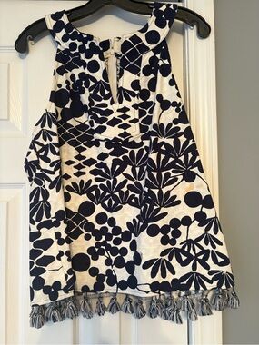 Trina Turk Navy and White Floral Halter Top with Tassel Trim